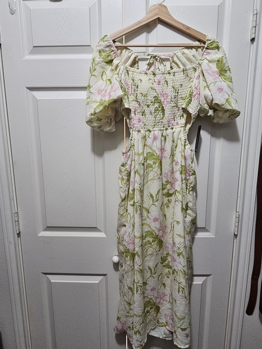 Romantic Floral Smocked Puff-Sleeve Dress - Pink & Green Size XL NWT